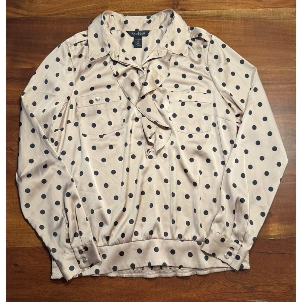White House Black Market Polka Dot Ruffle Satin Blouse Tan Black Long Sleeve